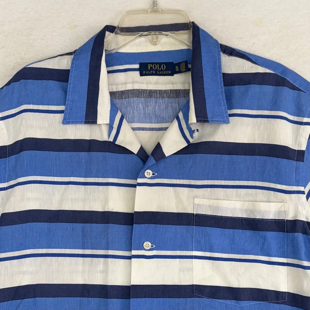 Polo Ralph Lauren Camp Shirt Mens XL Blue White Striped Linen Blend Summer